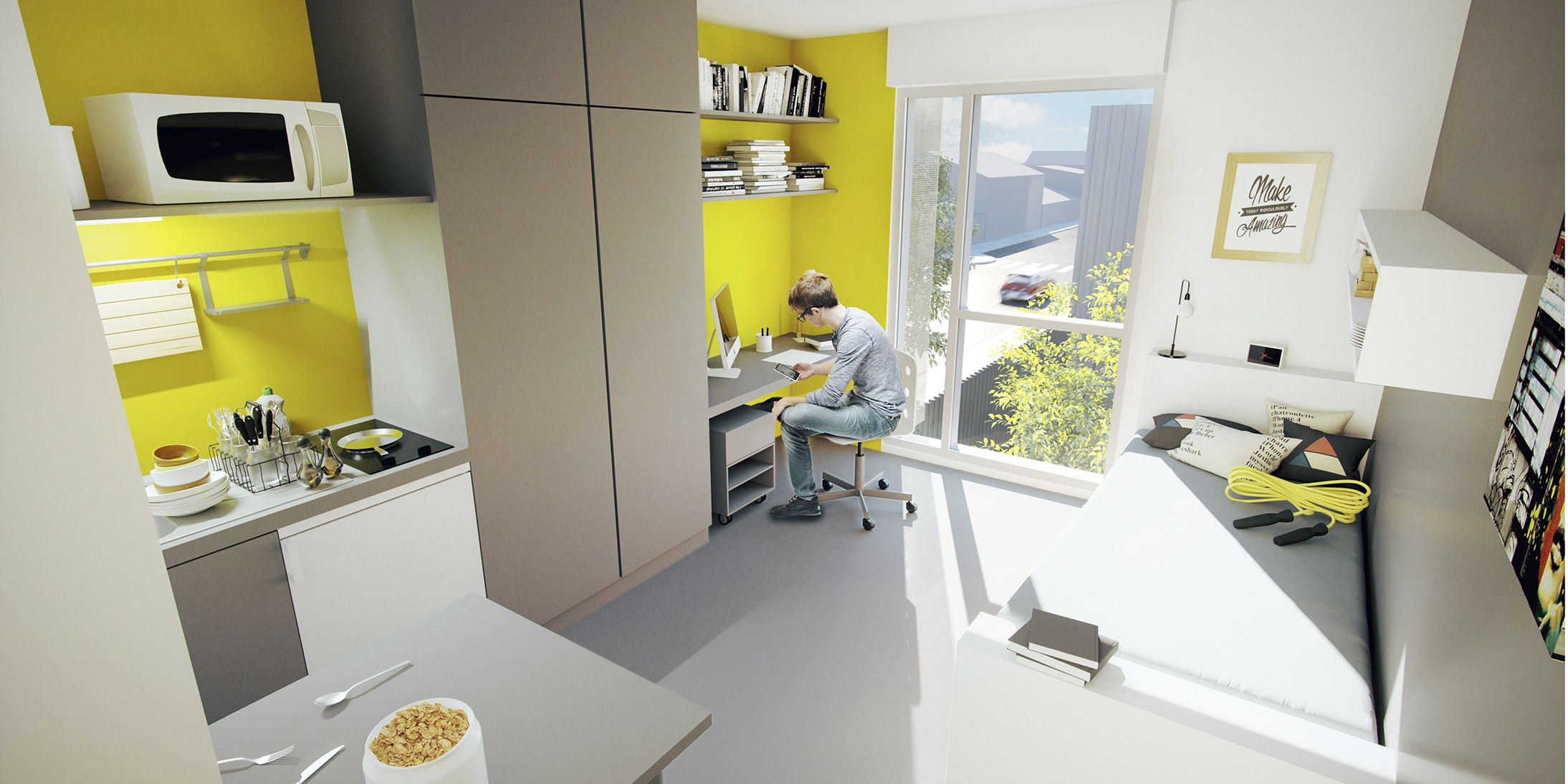 Découvrez l'intérieur d'un module bois de chambre étudiante réalisé par Ossabois pour la résidence Alpha City CROUS de la Roche-sur-Yon.