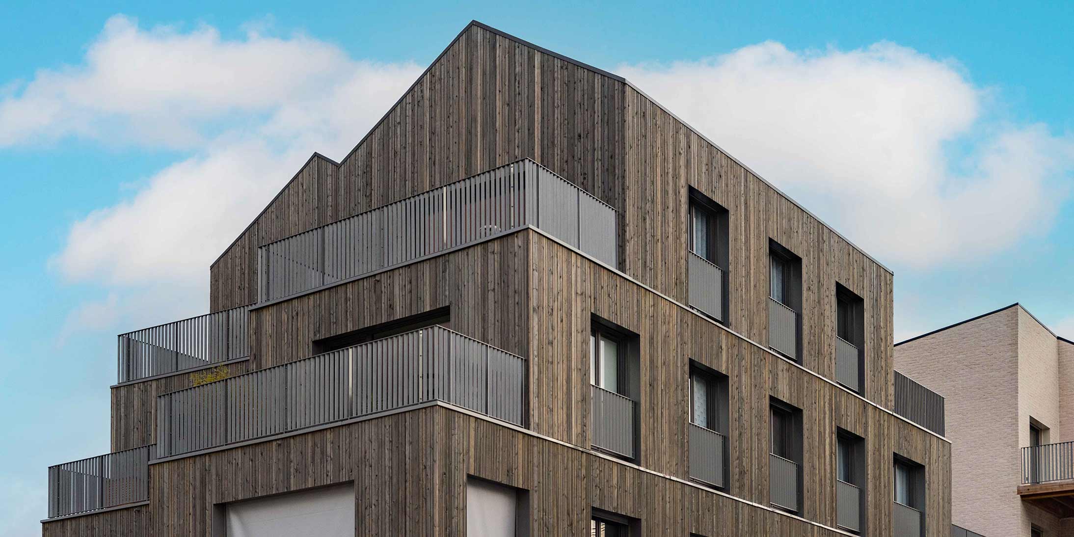 Façade de Wood I Like, une résidence de logements à ossature bois à Noisy-le-Grand, réalisée par Ossabois